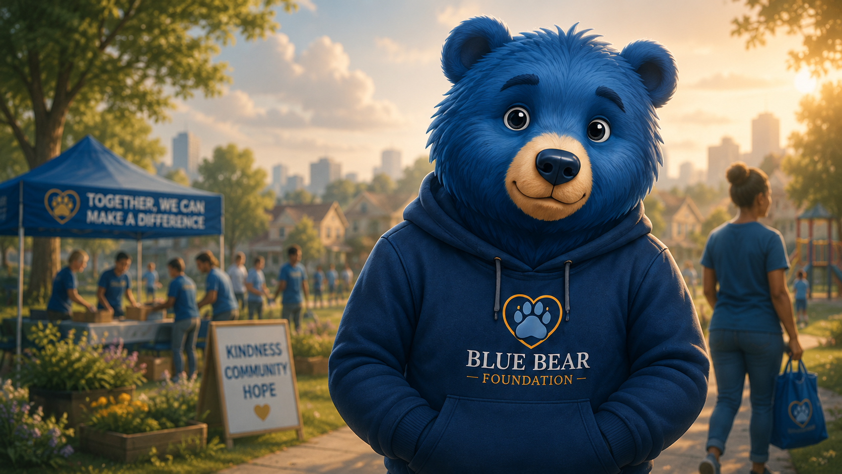 The Blue Bear Foundation mascot in a hooded sweatshirt standing at a community event, with volunteers packing donation boxes under a tent that reads Together, We Can Make A Difference.