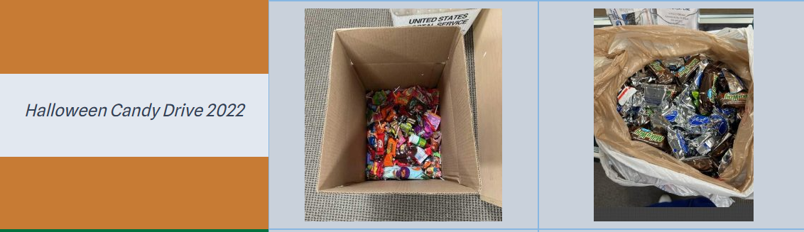 Halloween Candy Drive 2022: two cardboard collection boxes filled with wrapped candy ready for shipping.