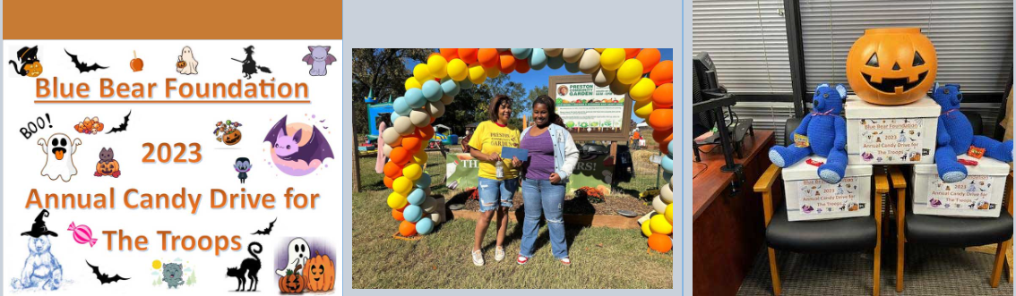2023 Annual Candy Drive for the Troops: the campaign flyer, two volunteers at an outdoor community garden event, and labelled drop-off boxes topped with blue bear mascots.