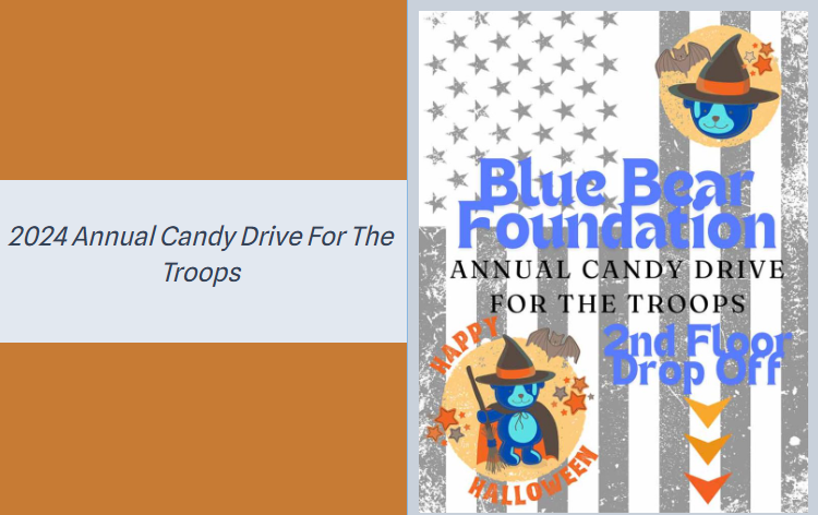 2024 Annual Candy Drive for the Troops flyer with a stars-and-stripes background, the blue bear mascot in a witch hat, and second floor drop-off instructions.