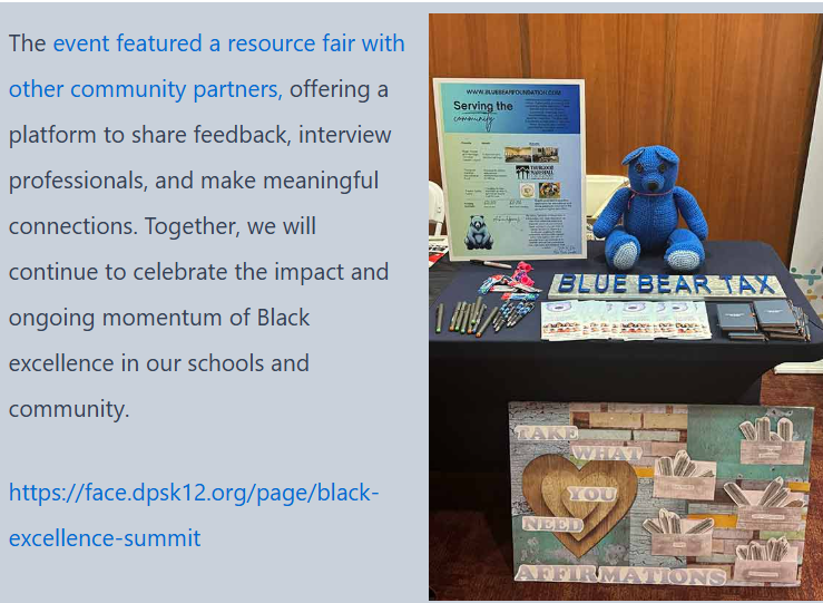 Community resource fair: the Blue Bear Foundation table with the blue bear mascot, informational materials, pens, and a take-what-you-need affirmations board.