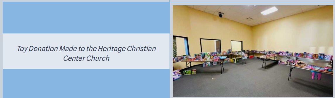 Toy donation made to the Heritage Christian Center Church: long folding tables lined with donated toys and games in a community room.
