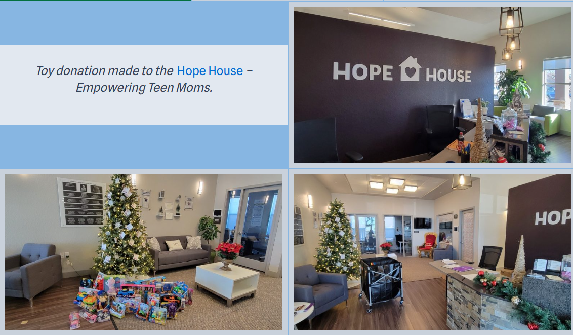 Toy donation made to Hope House, Empowering Teen Moms: the Hope House lobby and reception desk, and a decorated Christmas tree surrounded by donated toys.