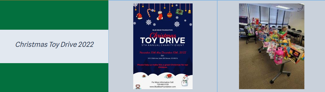 Christmas Toy Drive 2022: the 5th annual campaign flyer beside a rolling cart stacked with donated toys.