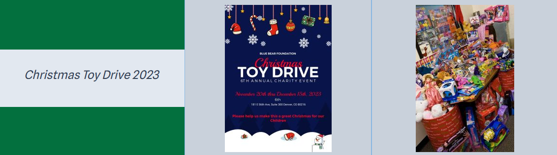 Christmas Toy Drive 2023: the 6th annual campaign flyer beside bins overflowing with donated toys and dolls.