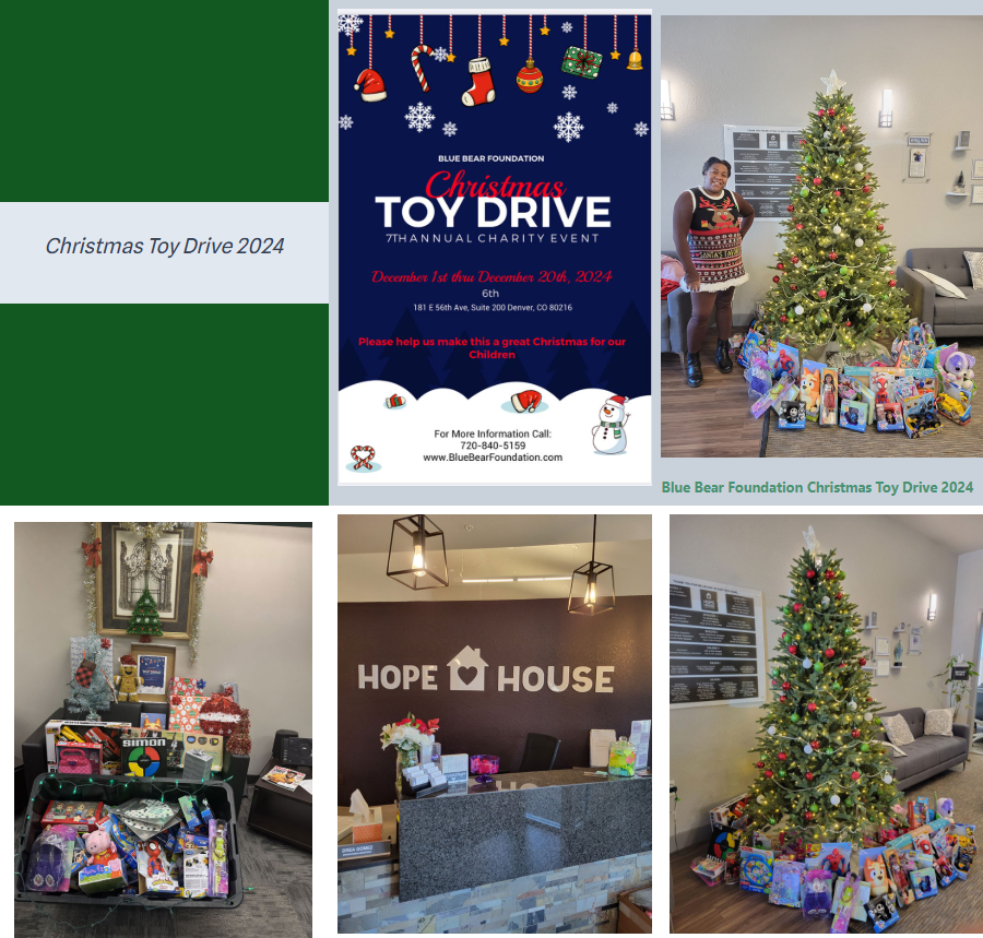 Christmas Toy Drive 2024: the 7th annual campaign flyer, a volunteer standing beside a decorated tree surrounded by wrapped toys, a bin of donated gifts, and the Hope House reception desk.